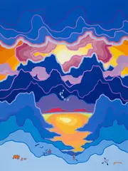 Wilderness of Yukon by Ted Harrison, 1983, acrylic on canvas, sold Aug 2025