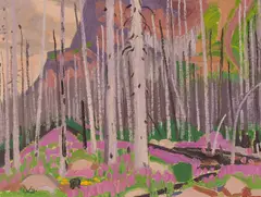 Fireweed and Grey Timber, Storm Mountain by Illingworth Kerr, 1978, oil on canvas board, sold Aug 2025