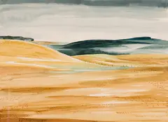 Fields on the Huron Road, Waterloo Country by Carl Schaefer, 1970, watercolour on paper, sold Aug 2025