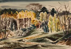 River Valley near King City by Carl Schaefer, 1948, watercolour on paper, sold Aug 2025