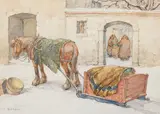 Horse and Sleigh by Paul Archibald Octave Caron, watercolour on paper, sold Jun 2025