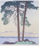 A Muskoka Sunset by Walter J. Phillips, colour woodcut on paper, sold Jun 2025