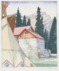 Corral at Banff by Walter J. Phillips, colour woodcut on paper, sold Jun 2025