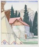 Corral at Banff by Walter J. Phillips, colour woodcut on paper, sold Jun 2025