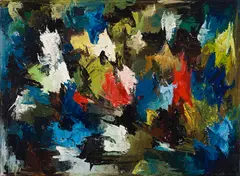 Le Cirque by Rita Letendre, 1957, oil on canvas board, sold May 2025