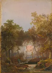 Jäger im Wald bei Sonnenuntergang by Caspar Scheuren, Öl auf Papier auf Holz, sold Jun 2023