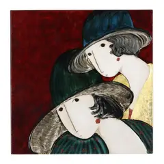 Two Women with Hats by Stephen White, Oil on panel, sold Sep 2026