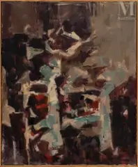 Composition by Paul Kallos, 1960, Huile sur toile, sold Jun 2022