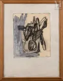 Sans titre by Jacques Doucet, 1962, Gouache, encre et lavis d'encre sur papier marouflé sur carton, sold Jun 2022