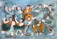 Danse antique by Nguyễn Tư Nghiêm, 1974, Gouache sur papier de riz nacré recouvert de poudre de coquillage (giấy điệp), sold Jun 2022