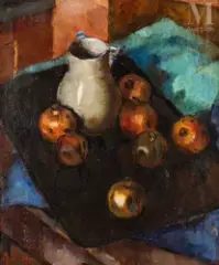 Pommes et pichets sur une table by Miron Duda, Huile sur toile, sold May 2022