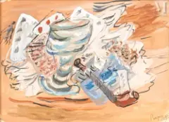 Composition à la pipe et aux cartes by Ivan Puni, Aquarelle et gouache sur papier, sold May 2022
