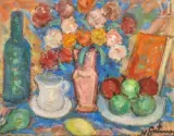 Composition aux fleurs et à la bouteille by Nathan Gutman, Huile sur papier, sold May 2022