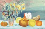 Fruits et fleurs sur la table by Esther Carp, Aquarelle, gouache et crayon sur papier, sold May 2022