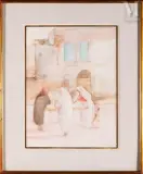 Discussion dans la rue by Victor Sarfati, Aquarelle sur trait de crayon, sold Apr 2022