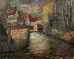 Maisons et arbres près de la rivière, circa 1926 by Jacques Gotko, Huile sur toile, sold Feb 2022