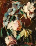 Composition aux fleurs sur fond brun by Boris Pastoukhoff, Huile sur toile contrecollée sur carton, sold Feb 2022