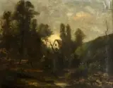 Chaumière parmi les arbres by Victor Dupre, Huile sur toile d'origine, sold Dec 2021