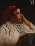 Portrait de jeune fille rêveuse by Joseph Sintès, Huile sur toile d'origine, sold Dec 2021