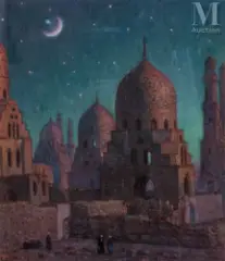 Tombeaux des califes sous les règnes desquels la civilisation musulmane illumina le monde illustration pour la vie de Mahomet by Nasreddine Dinet, Huile traitée à l'œuf, sold Dec 2021