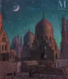 Tombeaux des califes sous les règnes desquels la civilisation musulmane illumina le monde illustration pour la vie de Mahomet by Nasreddine Dinet, Huile traitée à l'œuf, sold Dec 2021