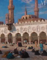 Elèves théologiens dans la cour de l'université de El Azhar au Caire; Illustration pour la vie de Mahomet by Nasreddine Dinet, Huile traitée à l'œuf, sold Dec 2021