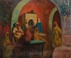 Hommes dans un intérieur by Maurice Bouviolle, Huile sur toile d'origine, sold Dec 2021