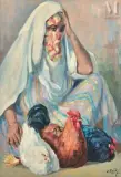 Portrait de femme et ses poules by Edmond Valès, Huile sur toile d’origine, sold Dec 2021