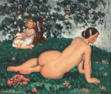 Madeleine, nue, allongée sur l’herbe by Jules Oury dit Marcel-Lenoir, vers 1924, Huile sur toile d'origine, sold Nov 2021