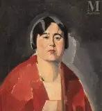 Portrait de femme au vêtement rouge by Jules Oury dit Marcel-Lenoir, vers 1920, Huile sur toile sans châssis, sold Nov 2021