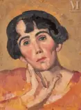 Portrait de femme pensive à la main sous le cou by Jules Oury dit Marcel-Lenoir, vers 1920, Huile sur papier, sold Nov 2021