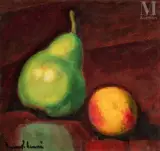Nature morte à la poire verte et à la pèche, vers 1920-1925 by Jules Oury dit Marcel-Lenoir, Huile sur papier marouflée sur toile, sold Nov 2021