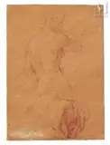Etude de femme nue de dos et reprise du drapé sur l’épaule by Pompeo Batoni, Sanguine et légers rehauts de craie blanche sur papier préparé en ocre jaune, sold Nov 2021