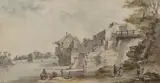 Vue animée d’un village en bord de rivière by Alexis-Nicolas Perignon, Plume et encre noire, aquarelle, sold Nov 2021