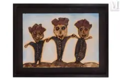 Le salut des artistes by Philippe Dereux, 1976, Gouache et collage de fruits séchés sur panneau, sold Nov 2021