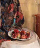 Nature morte aux pêches et au drapé by Adolphe Milich, Huile sur toile, sold Nov 2021