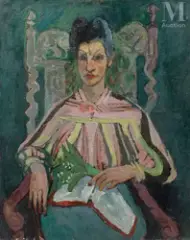 Portrait de femme au bouquet de muguet by Jacques Chapiro, Huile sur toile, sold Nov 2021