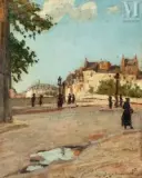 Les passants, quai de Conti, Paris by Alfred Swieykowski, Huile sur carton, sold Nov 2021