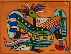 Oiseau et masques by François Thango, Huile sur carton, sold Jun 2021