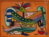 Oiseau et masques by François Thango, Huile sur carton, sold Jun 2021