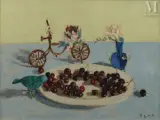 Assiette de cerises et bicyclette by Bençion Rabinowicz dit Benn, Huile sur carton toilé, sold May 2021