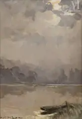 Brume matinale sur le lac d'Aiguebelette by Henri Mege, 1978, Huile sur panneau, sold Apr 2021