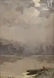 Brume matinale sur le lac d'Aiguebelette by Henri Mege, 1978, Huile sur panneau, sold Apr 2021