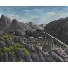 Village et église dans une vallée by André Bauchant, 1940, Huile sur toile, sold Oct 2016