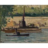 Paris, remorqueur et grue sur la Seine, circa 1935- by Maximilien Luce, Huile sur papier marouflé sur toile, porte le, sold Mar 2016