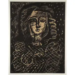Buste sur fond étoilé by Pablo Picasso, 1949, Lithographie sur fond noir, signée et numérotée 5/50 au crayon rouge, sold Dec 2015