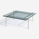 PK 61 coffee table by Poul Kjærholm, matte chrome-plated steel, glass, sold Apr 2023