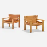 Natura lounge chairs, pair by Karin Mobring, 1977, pine, leather, sold Apr 2023