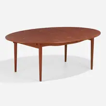 Judas dining table by Finn Juhl, c. 1950, teak, silver inlay, sold Apr 2023
