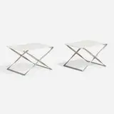 PK 91 folding stools, pair by Poul Kjærholm, stainless steel, leather, sold Apr 2023